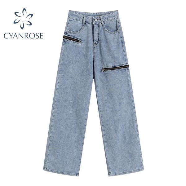 Donna Jeans larghi con buco distrutto Pantaloni blu Vita alta larghi selvaggi Gamba larga Moda causale Jeans dritti femminili autunno 210417