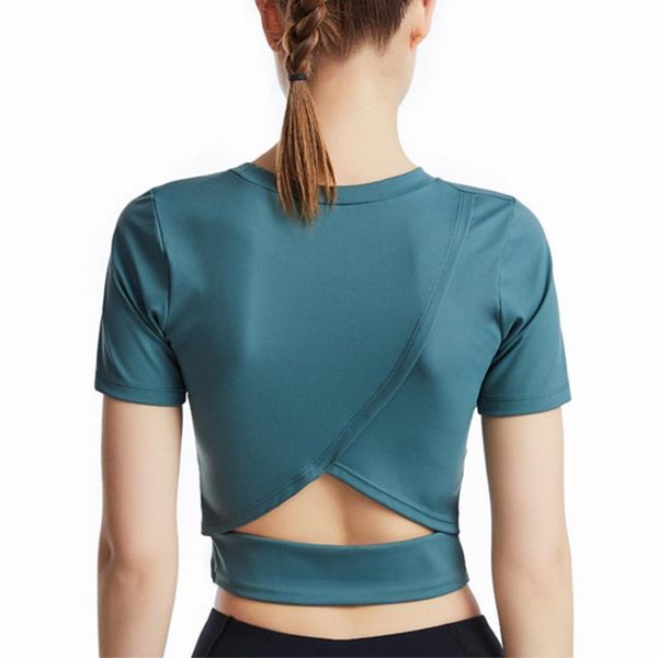 

women tight round neck yoga short sleeve sports shirts cropped gym clothing fitness running workout t-shirts wear jerseys, Black;blue
