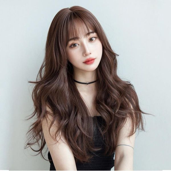 

synthetic wigs houyan wig female long hair brown black natural full headgear curly big wave hairstyle air bangs simulation human