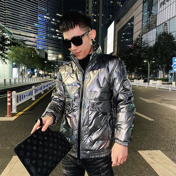 

men's down & parkas winter stand-up collar slim shiny lightweight white duck jacket short thicken, Black