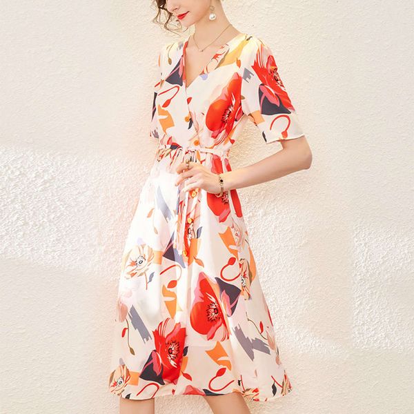 

dress dresssummer women's printed v-neck waist tie fashion eye-catching pineapple flower a-line skirt, Black;gray
