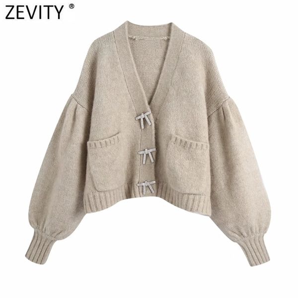 

zevity women fashion solid diamond bow buttons leisure knitting sweater femme chic lantern sleeve casual cardigan s632 210812, White