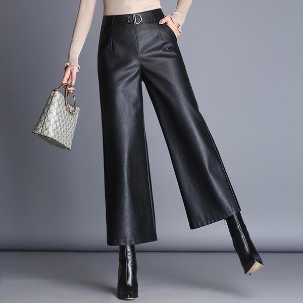

plus size high waist black womens pants pu baggy korean office ladies elegant wide leg faux leather trousers, Black;white