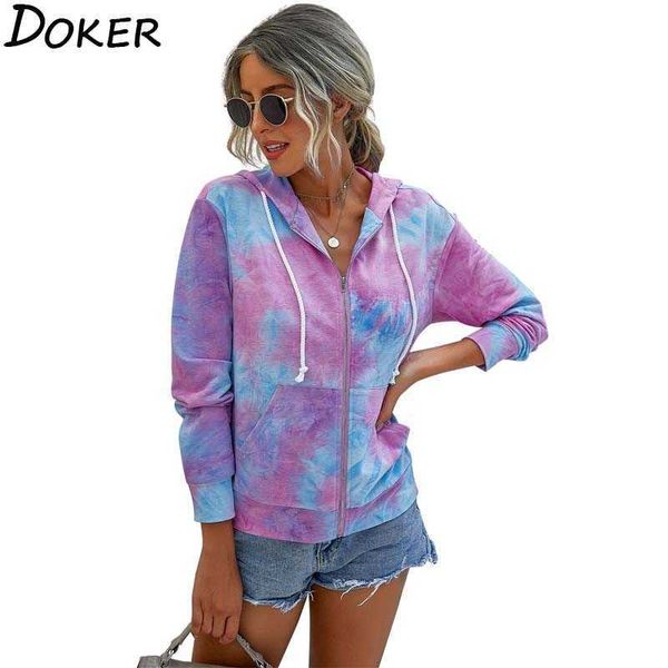 

tie dye zipped hoodies women autumn winter long sleeve fashion loose ladies hoody vintage streetwear sweatshirt female 210603, Black