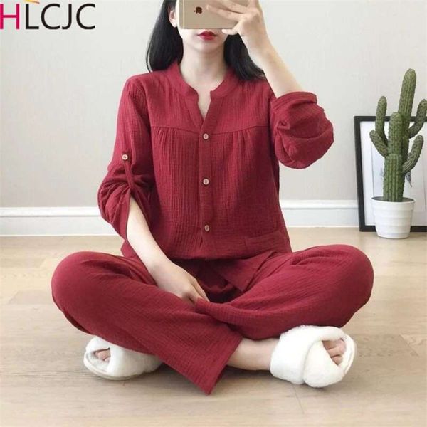 

cotton crepe v-neck pajamas suit women autumn thin gauze small stand collar long-sleeved trousers korean leisure home service 210928, Black;red