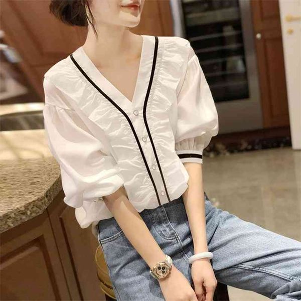 

white shirts camisas de mujer summer fashion blouse v-neck puff sleeve sweet blouses women ruffles chiffon blusas 210519
