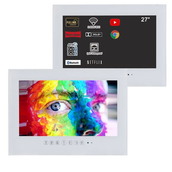Soulaca 27 Zoll Android Smart Weißer wasserdichter Fernseher für Badezimmer, LED-Breitbild-Flachbildfernseher, Luxus-Full-HD-Hotel