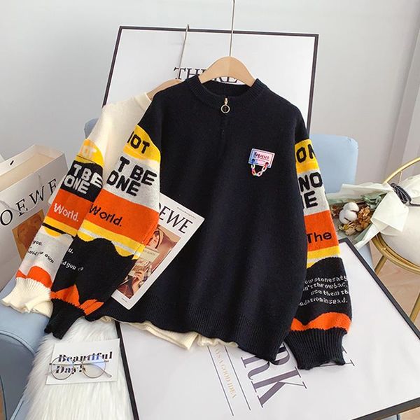 

women's sweaters ebaihui sweater women zipper o-neck pullover streetwear knitted letter print long sleeve korean fashion jumper loose, White;black