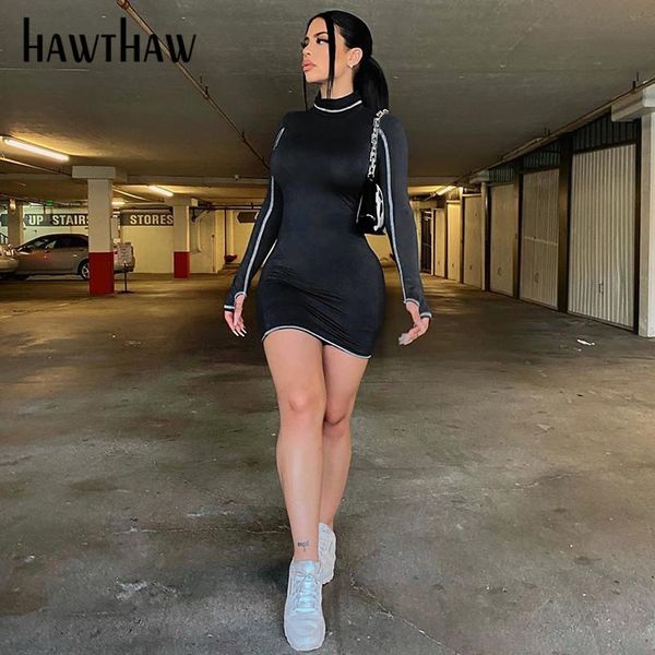 

hawthaw women fashion autumn long sleeve patchwork bodycon skinny package hip mini short dress 2021 fall clothes streetwear casual dresses, Black;gray