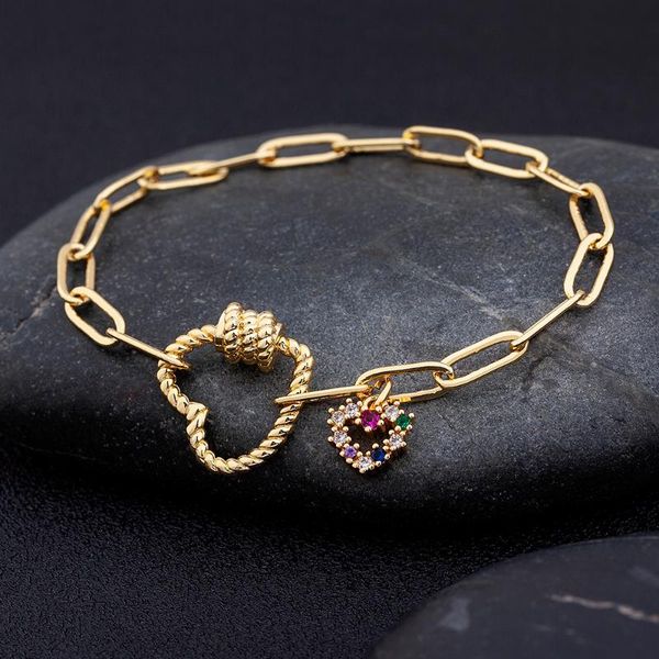 

link, chain trendy rainbow crystal heart bracelets for women girls link adjustable copper gold color charm pendant bangles jewelry, Black