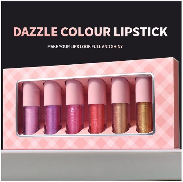 6-teiliges Dazzle Color Lipgloss, glitzernde Flüssigkeit, gesättigt mit 6 Farben, mattglänzendes Lippenstift-Make-up-Set, langanhaltender, wasserfester Lipgloss mit Antihaftbeschichtung, verblasst nicht