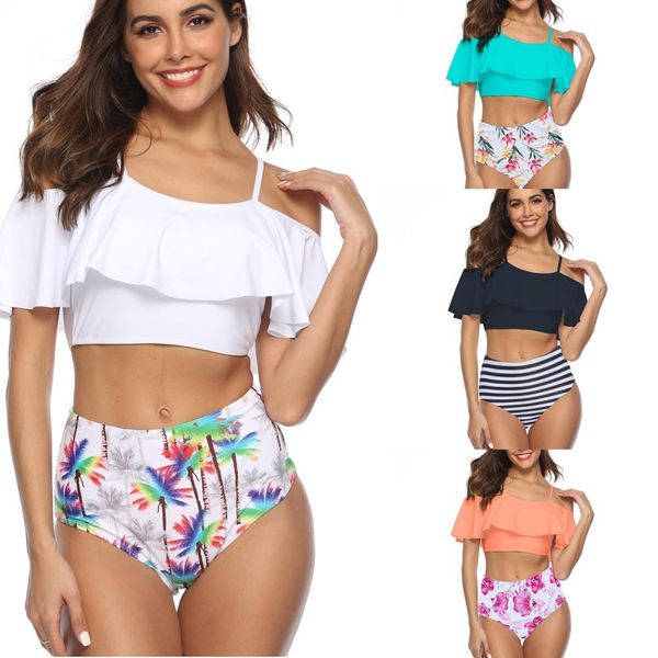 

Women's Bikini Swimwear 2021 Lotus Leaf Printed One Shoulder, Color
