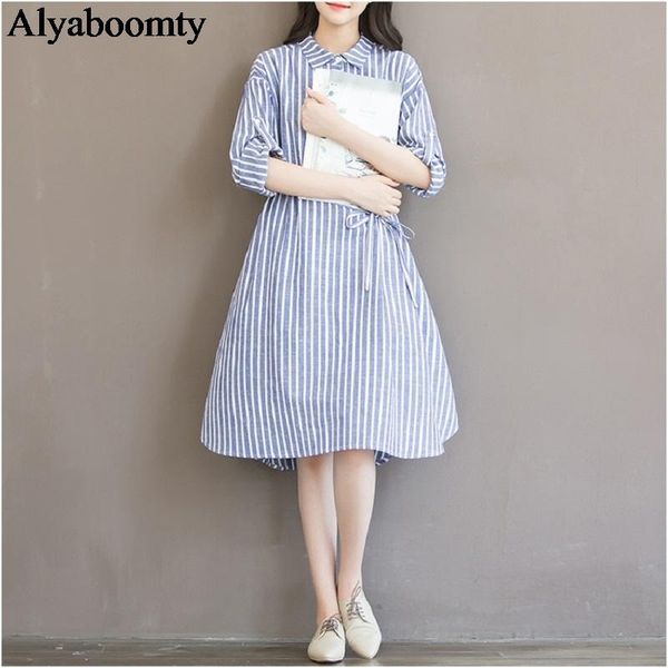 

casual dresses 2021 mori girl spring autumn women stripe dress turn down collar long-sleeved tunic vestidos plus size cotton, Black;gray