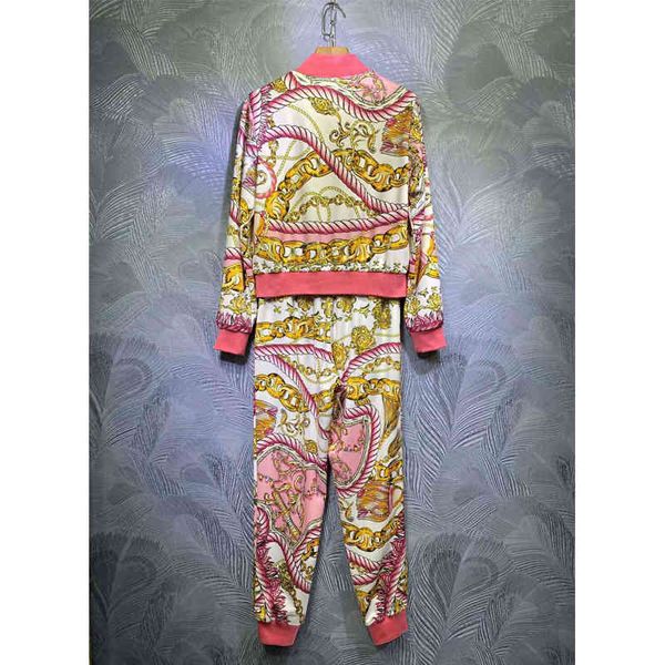 

pants seqinyy pink causal set spring 2021 fashion design female jacket + elastic waistband pants chain yellow printing vintage, White