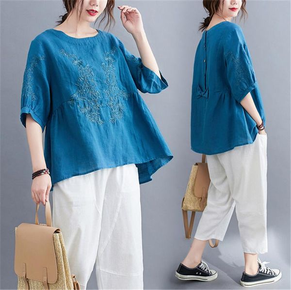 

summer women fashion elegant solid embroidery female ladies plus large short sleeve cotton linen blouse shirt women's blouses & sh shi, White