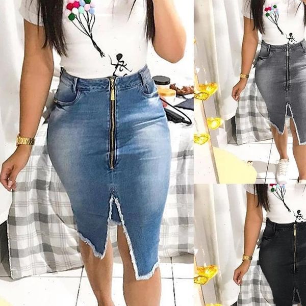 

fashion high waist ripped split women skirt bodycon street style denim a line solid casual knee length, Black