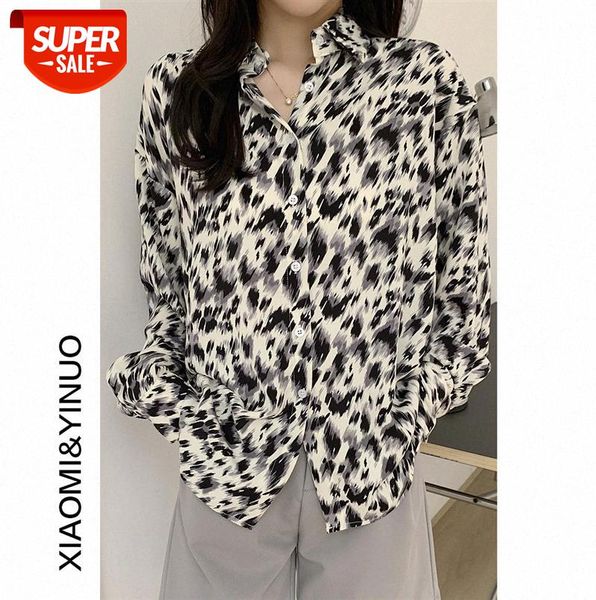 

[ou fan] 7902 leopard print shirt female design niche retro loose slim #ou7u, Black;gray