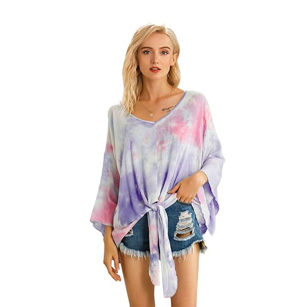 

women's blouses & shirts tie-dye printed gradient v-neck bat sleeve hem knotted top, White