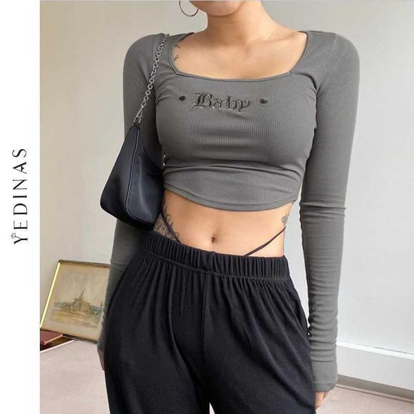 

yedinas letter embroidery knitted crop y2k long sleeve basic pullovers o neck short t shirt women autumn outfits harajuku 210527, White