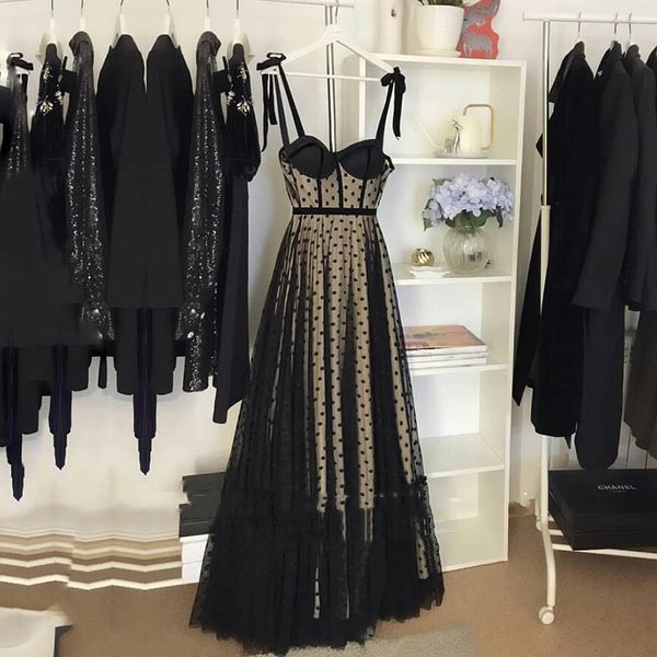 Vintage Puantiyeli Bir Çizgi Gelinlik Modelleri Siyah ve Şampanya 2022 Sevgiliye Spagetti Sapanlar Uzun Örgün Akşam Elbise Özel Durum Parti Elbise