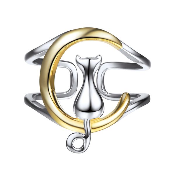 

women cat ring 925 sterling silver 18k gold plated cat on the moon cute wrap ring adjustable, Golden;silver