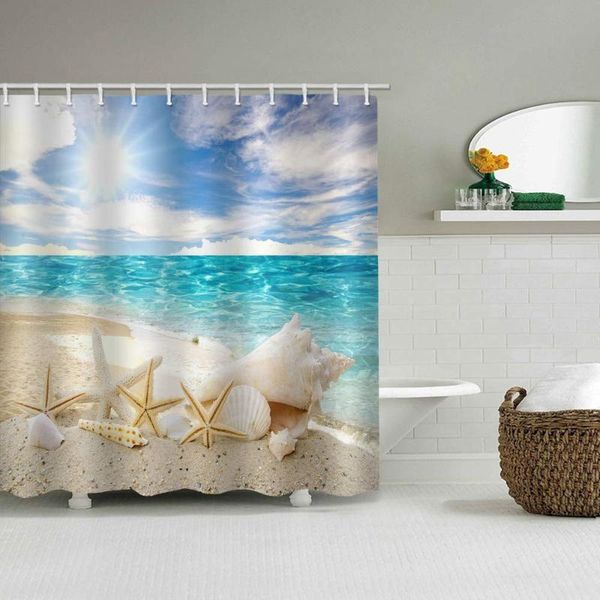 

shower curtains sunny beach curtain waterproof polyester starfish shell conch sand clear blue sea water sunlight bathroom decor