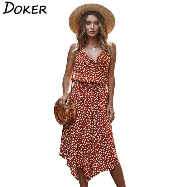 

summer spaghetti strap sleeveless polka dot print women dress bandage irregular hem ladies casual beach holiday dresses 210423, Black;gray