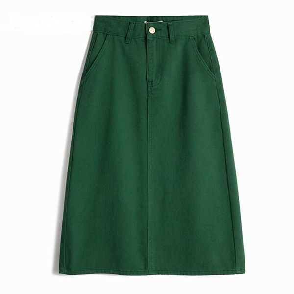 

skirts green straight midi denim skirt women vintage high waist cotton jean, Black