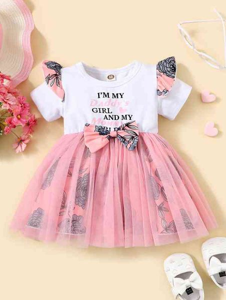 

baby floral & slogan graphic bow front ruffle trim mesh hem dress she, Red;yellow