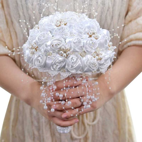 

wedding flowers ivory bouquets 2021 pearls beaded bridal bouquet bridesmaid holder with ribbon rose