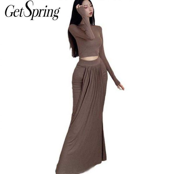 

getspring women set t-shirt skirt s long sleeve short irregular high waist two piece 210601, White