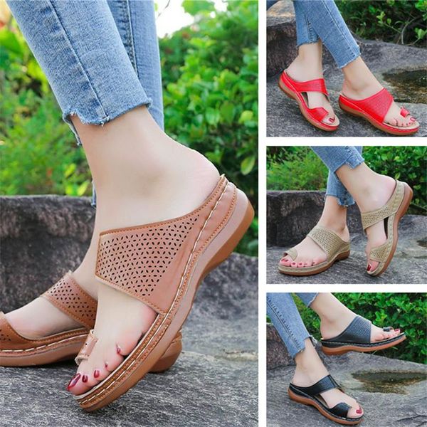 

summer plus size women's slippers retro bohemian style hollow solid color wedges sandals beach leisure flip-flops, Black