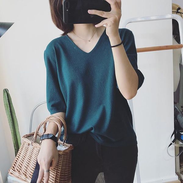 

summer women simple v-neck wild loose pullover t-shirt solid color sleeves casual bottoming shirt women's sweaters, White;black