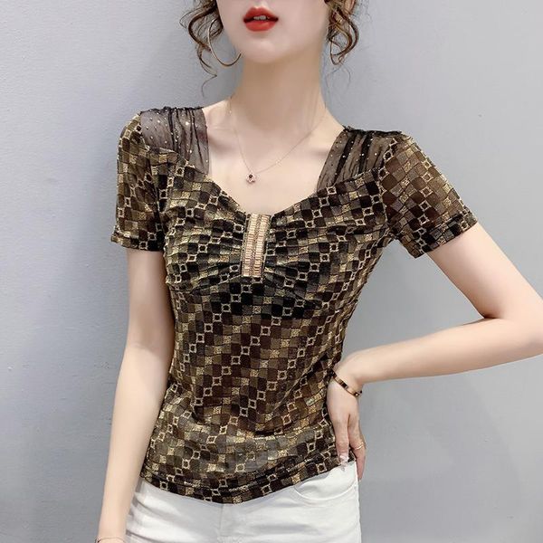 

women's t-shirt 2021 summer short sleeve diamonds mesh shirt elegant slim patchwork leopard tees, White