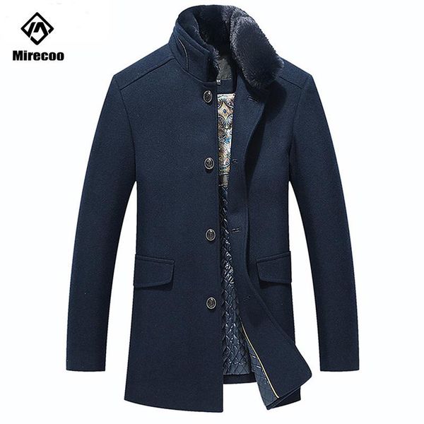 

men's wool & blends woolen long jacket men detachable fur collar solid color thick overcoat business warm winter coat 2021 clothing, Black