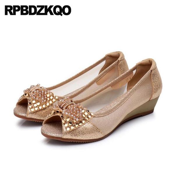 

dress shoes crystal summer pumps gray gold women for party wedge big size golden rhinestone mesh peep toe low heels bow fish mouth, Black
