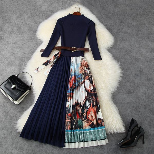 

dresses european and american women's wear winter style seven-point sleeve collar fashion knit patchwork printed pleated dress ge5n, Black;gray