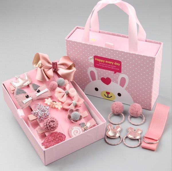 

korean children's hairpin crown princess ornament 18 piece gift box set lovely bow hair ring head rope, Slivery;white