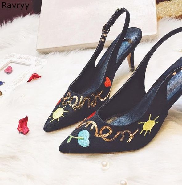 

dress shoes embroider flowers woman high heel pointed toe pumps ankle buckle decor suede lather black female stiletto