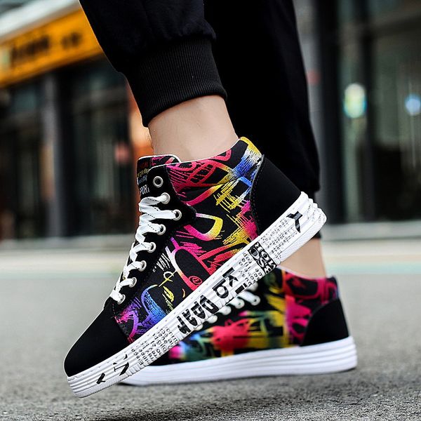 

couple colorful graffiti men high shoes flat comfort canvas sneakers men casual original men canvas shoes hommes chaussures