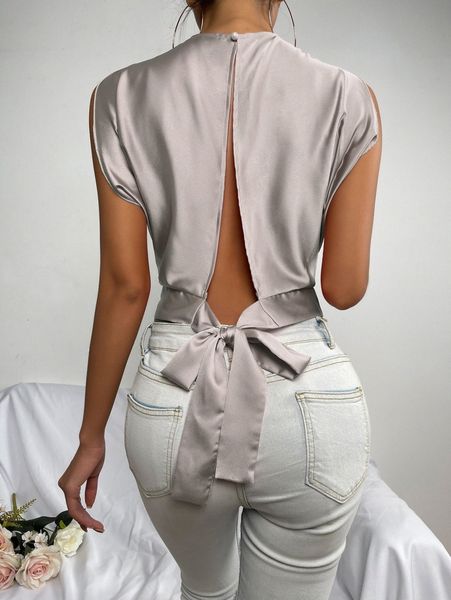 

tie back boat neck satin crop p23q#, White