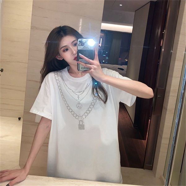 

t shirt short sleeve women's summer wear 2021 korean loose round neck net red drill medium length ins fashionable 1124, White
