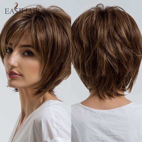 

synthetic wigs easihair short honey brown for women layered natural hair part daily wig heat resistant, Black