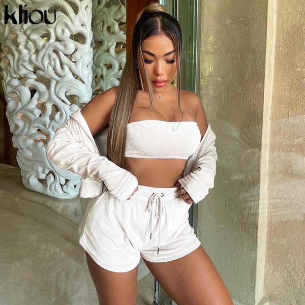 

women's tracksuits kliou solid velour three piece set women autumn casual sporty homewear hooded jacket+wrapped chest+drawstring sweats, Gray