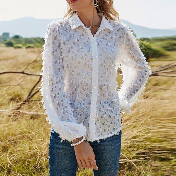 

women's blouses & shirts 2021 spring and summer single-breasted casual long-sleeved cardigan lapel hole shirt, White