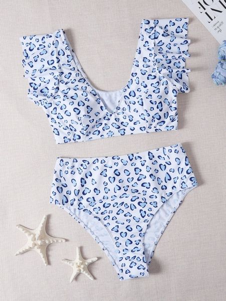 

allover graphic ruffle trim bikini swimsuit 37sv#, White;black