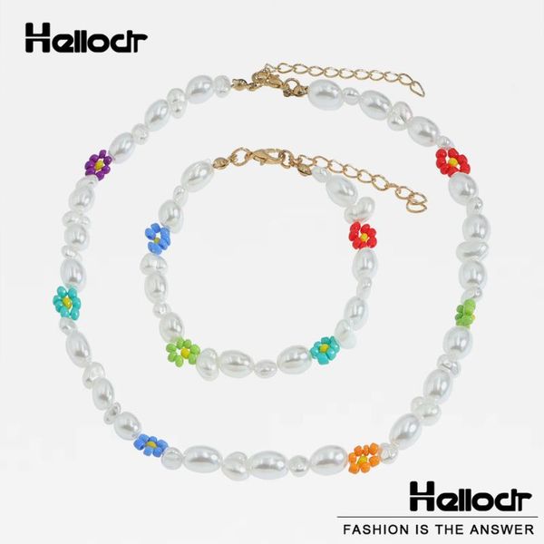 

chokers hellodr rainbow daisy women's neck chain 2021 sweet summer korea fashion handmade beads flowers imitation pearl choker bijou, Golden;silver