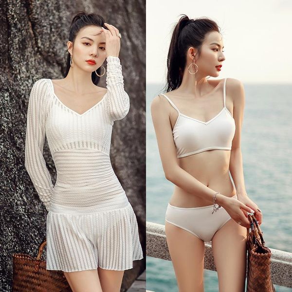

women's swimwear women 3 pieces bikini set swimsuit solid long sleeve skirt cover up backless push beach wear bathing suit elegant, White;black