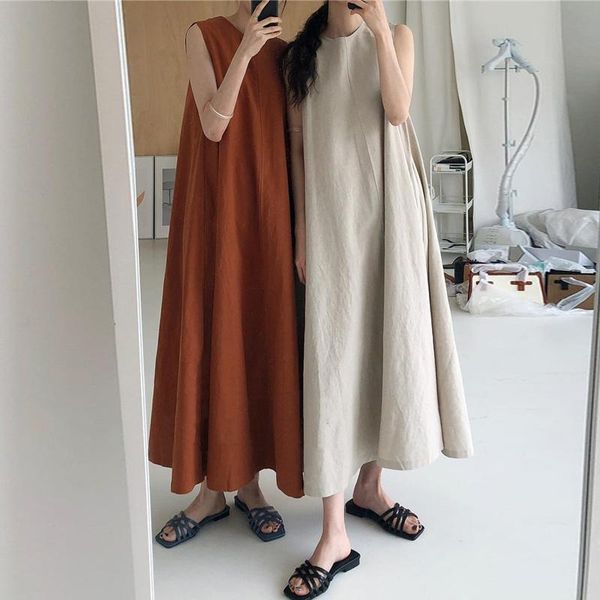 

casual dresses johnature women sleeveless linen o-neck solid color summer clothes 2021 korean style female robes vintage, Black;gray