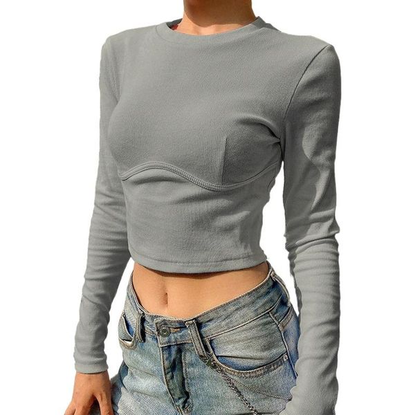 

women's t-shirt fashion shirt europe and the united states in spring slim chest-shaped solid-color round collar longsleeved t-shirts, White
